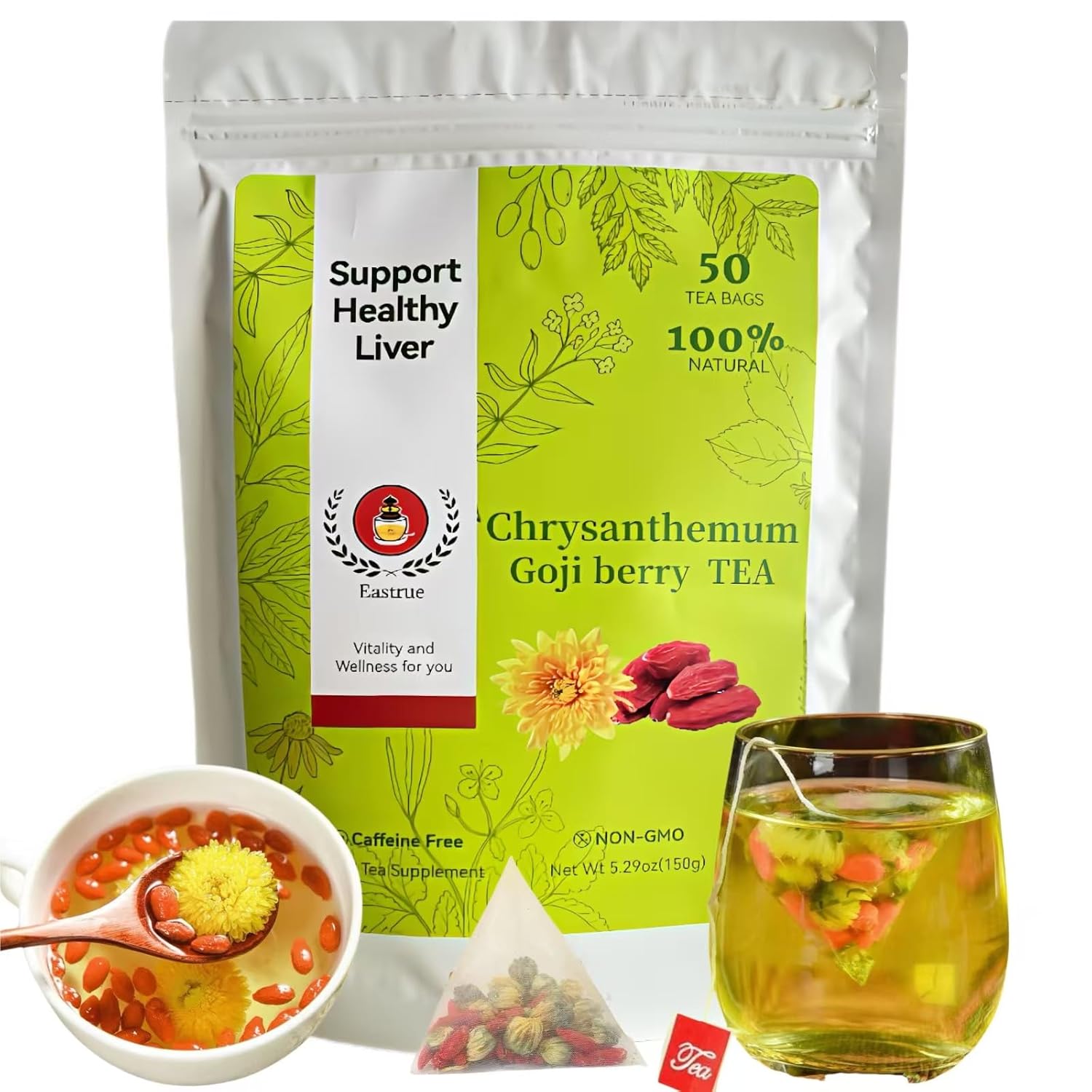 Eastrue Organic Goji Berry & Chrysanthemum Herbal Tea 50 Tea Bags Support Kidney and Liver Cleanse Detox & Repair