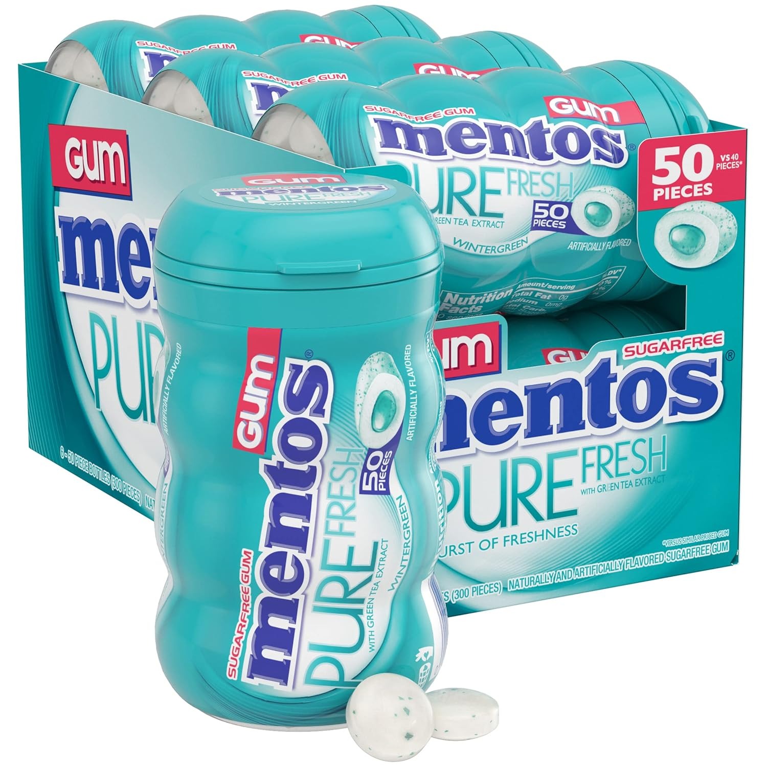 Mentos Pure Fresh Sugar-Free Chewing Gum with Xylitol, Wintergreen, 50 Count ( Pack of 6) - Image 2