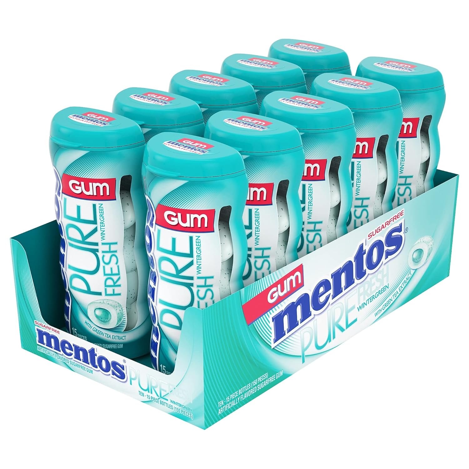 Mentos Pure White Sugar-Free Chewing Gum with Xylitol, Wintergreen, 1.52 Oz Each, 15 Piece Bottle (Pack of 10) - Image 2