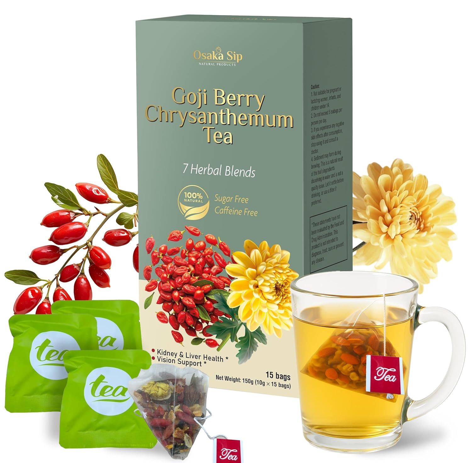 OsakaSip Goji Berry Chrysanthemum Tea Bags Natural Liver Detox Cleanse Kidney Health 15 Bags
