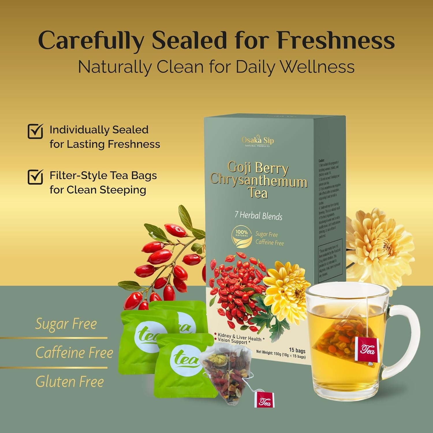 OsakaSip Goji Berry Chrysanthemum Tea Bags Natural Liver Detox Cleanse Kidney Health 15 Bags - Image 6
